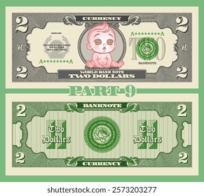 Vector obverse and reverse of vintage denomination 2 dollars banknote. Graphic portrait of cute pretty young baby. Bank seal with rose. Retro play money. Two. Part 9