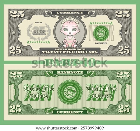 Vector obverse and reverse of vintage denomination 25 dollars banknote. Graphic portrait of cute pretty young baby in swimsuit. Bank seal with rose. Retro play money. Twenty five. Part 10