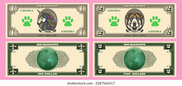 Vector obverse and reverse of zoo banknotes in denominations of 1 and 2 dollars. Portrait in an oval of a unicorn and a doggie. Animal paw print and planet earth.