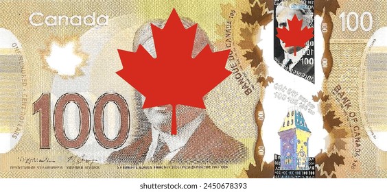 Vector obverse very high poly pixel mosaic polymer banknote of Canada. Front side. Denominations of bill 100 dollars 2011. Game money of flyer.