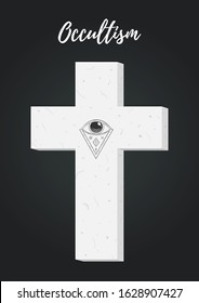 Vector occult grave stone, tombstone with masonic eye, Illuminati triangle. Alchemy, mystical decoration. Religious emblem in black and white style.