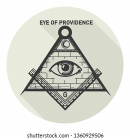 Vector occult icon freemason sign all-seeing eye symbol. The Masonic Mark is the eye of God in a triangle of compasses and a ruler. Illustration of the all-seeing eye of god in flat minimalism style.
