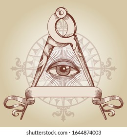 Vector occult icon. Freemason sign all-seeing eye symbol. Illustration of the all-seeing eye of god. Ancient compass measuring instrument. Drawing by hand. 