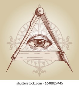 Vector occult icon. Freemason sign all-seeing eye symbol. Ancient compass measuring instrument. Drawing by hand. 