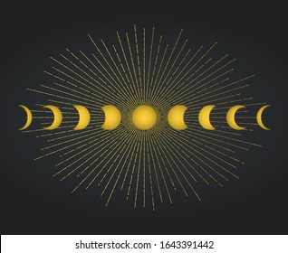 Ciclo lunar oculto vectorial, fase lunar. Astronomía, concepto de astrología. Misterio, elemento mitológico Decoración ocultismo