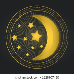 Vector occult moon with stars in masonic circle. Mystery, mythology element. Cosmic object with beams, rays in bright colors. Occultism decoration