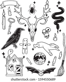 Vector occult set. Mystic and magic symbols: hunted house, full moon, snake, voodoo doll, deer skull. Hand drawn illustration, flat and cartoon style. For stickers, cards, tattoo, print design, badges