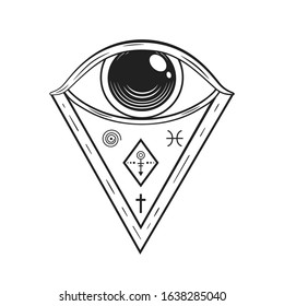 Vector occult symbols - masonic eye, Illuminati triangle for astronomy or astrology. Alchemy, mystical decoration. Religious emblem in black and white style.
