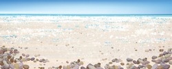 Vector  Ocean Background. Blue  Sky,  Ocean, Sandy Beach And Stones.