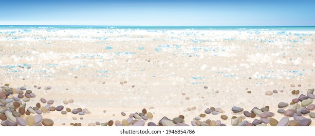 Vector  ocean background. Blue  sky,  ocean, sandy beach and stones.