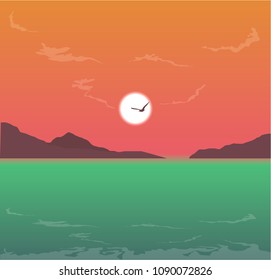vector ocean bay and seagull  at sunset illustration