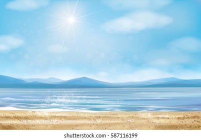 Vector  ocean  beach, blue sky and mountain  background.