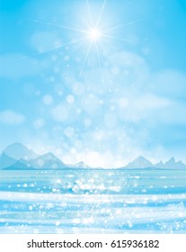 Vector  ocean  beach, blue sky and mountain  background.