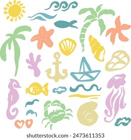 Vector ocean beach icons set of sun, wave, floral elements and tropical animals. Hand drawn summer collection isolated on white background. Illustration for design, print, fabric or background.