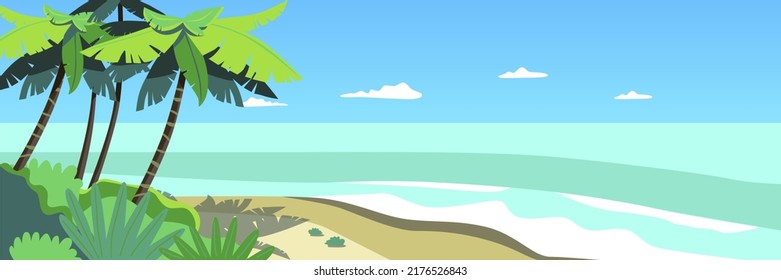 Vector ocean beach landscape illustration for horizontal banner. Summer background. Colorful tropical landscape in palm trees forest and calm water reflection. Hello august