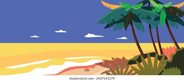 Vector ocean beach landscape illustration for horizontal banner. Summer background. Colorful tropical landscape in palm trees forest and calm water reflection. Hello august