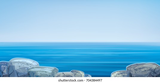 Vector  ocean with blue  sky and  stones beach.