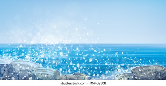 Vector  ocean with blue  sky and  stones beach.