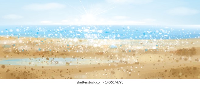Vector  ocean with blue  sky and sunshine, bokeh effect.