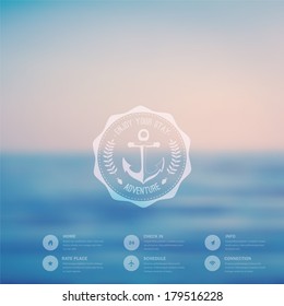 Vector  ocean, blurred landscape, interface template. Corporate website design. Hipster web media backdrop. Round badge label over sea background. Website icons. Editable. Blurred. Unfocused. Ocean