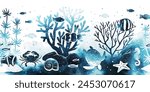 Vector ocean bottom. Watercolor horizontal seamless border pattern with blue silhouette turtle, crab, seahorse, fish, seaweed, sea shell and corals. Marine underwater life isolated on white background