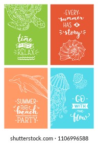 Vector ocean card templates. Unique calligraphic phrase written by brush. Wild underwater life. Ready-to-use vector print for your design. White linear contours on bright backgrounds.