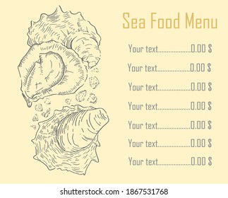 Plantilla de folleto del menú de comida del océano vectorial para café, restaurante. Diseño de símbolos de logotipo de alimentos y bebidas en el mar, imágenes de boceto de ostras