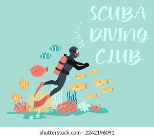 Vector ocean illustration with diver, fish, crab, algae, corals. Scuba diving club - modern lettering.Underwater marine animals.Design for banner,flyer,postcard, website design,poster