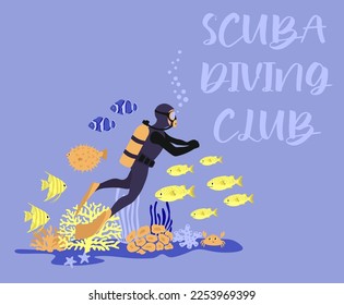 Vector ocean illustration with diver, fish, crab, algae, corals. Scuba diving club - modern lettering.Underwater marine animals.Design for banner,flyer,postcard, website design,poster