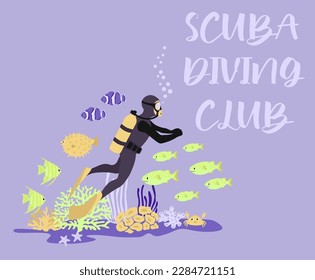 Vector ocean illustration with diver, fish, crab, algae, corals. Scuba diving club - modern lettering.Underwater marine animals.Design for banner,flyer,postcard, website design,poster