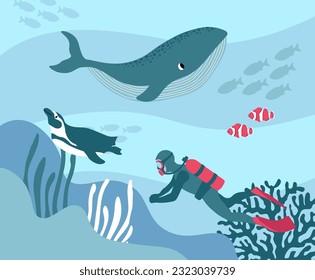 Vector ocean illustration with diver, penguin, clown fish, algae, corals.Underwater marine animals. Diving. Ecology design for banner,flyer,postcard, website design,poster