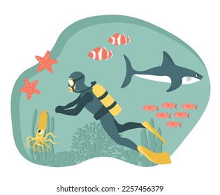 Vector ocean illustration with diver, shark, clown fish, starfish, squid, algae, corals.Diving.Underwater marine animals.Ecology design for banner,flyer,postcard, website design,poster