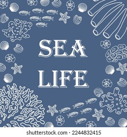 Vector ocean illustration with fish, shells, corals, algae. Sea life - modern lettering.Underwater marine animals.Ecology design for banner,flyer,postcard, website design,t-shirt,poster