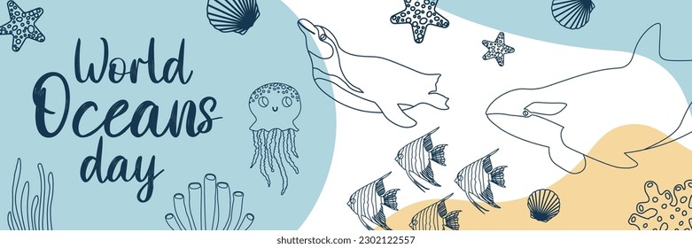 Vector ocean illustration with killer whale,jellyfish,penguin,scalaria,corals. Worlg oceans day - modern lettering.Underwater marine animals.Ecology design for banner,flyer,postcard, website,poster.