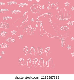 Vector ocean illustration with penguin, hammerhead fish,corals .Save Ocean - modern lettering.Underwater marine animals.Ecology design for banner,flyer,postcard, website design,t-shirt,poster