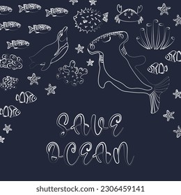 Ilustración de vectores oceánicos con pingüino, pez cabeza de martillo, corales .Save Ocean - letras modernas.Animales marinos subacuáticos.Diseño ecológico para pancarta, volante, postal, diseño de sitio web, camiseta,afiche