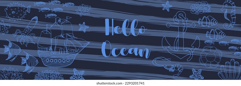 Vector ocean illustration with puffer fish,clown fish,corals,algae. Worlg oceans day - modern lettering.Underwater marine animals.Ecology design for banner,flyer,postcard, website,t-shirt,poster.