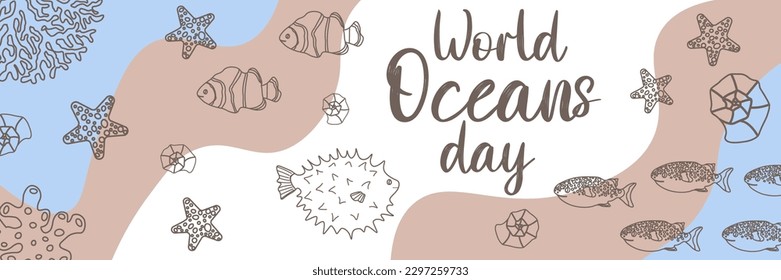 Ilustración de vectores oceánicos con peces de purga, peces de payaso, corales, algas. Día mundial de los océanos - letras modernas. Animales marinos submarinos. Diseño ecológico para pancartas, volantes, postales, sitio web, camisetas, afiches.