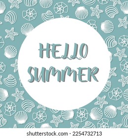 Vector ocean illustration with shell. Hello summer - modern lettering.Underwater marine animals.Ecology design for banner,flyer,postcard, website design,t-shirt,poster