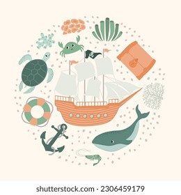 Vector ocean illustration with ship,whale,treasure chest,turtle,anchor,lifebuoy,crab, shrimp, coral.Underwater marine animals.Ecology design for banner,flyer,postcard, website design,t-shirt,poster