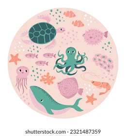 Vector ocean illustration with whale, octopus, turtle, flounder, shrimp, clown fish, starfish.Underwater marine animals.Ecology design for banner,flyer,postcard, website design,t-shirt,poster