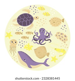 Vector ocean illustration with whale, octopus, turtle, flounder, shrimp, clown fish, starfish.Underwater marine animals.Ecology design for banner,flyer,postcard, website design,t-shirt,poster