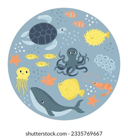 Vector ocean illustration with whale, octopus, turtle, flounder, shrimp, clown fish, starfish.Underwater marine animals.Ecology design for banner,flyer,postcard, website design,t-shirt,poster