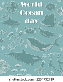 Vector ocean illustration with whale,killer whale,shark,penguin,turtle,crab. Worlg ocean day -modern lettering.Underwater marine animals.Ecology design for banner,flyer,postcard,website,t-shirt,poster