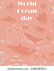 Vector ocean illustration with whale,killer whale,shark,penguin,turtle,crab. Worlg ocean day -modern lettering.Underwater marine animals.Ecology design for banner,flyer,postcard,website,t-shirt,poster