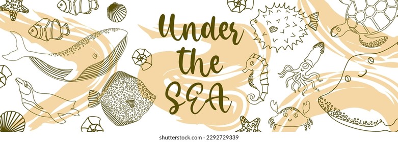 Vector ocean illustration with whale,penguin,fish,squid,seahorse,devilfish. Under the sea - modern lettering.Underwater marine animals.Ecology design for banner,flyer,postcard, website,t-shirt,poster.