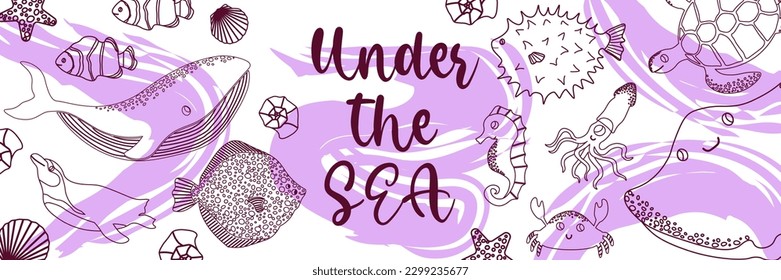Vector ocean illustration with whale,penguin,fish,squid,seahorse,devilfish. Under the sea - modern lettering.Underwater marine animals.Ecology design for banner,flyer,postcard, website,t-shirt,poster.
