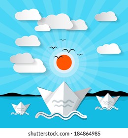 Vector Ocean Landscape with Clouds and Sun 