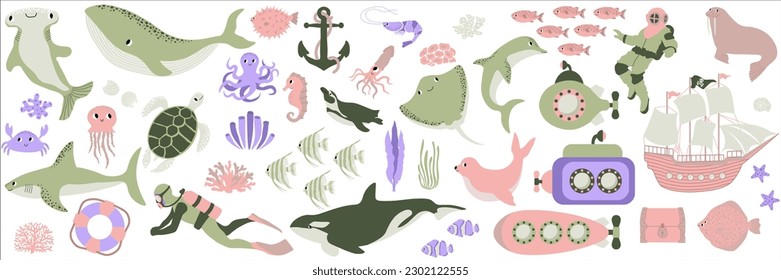 Vector ocean mega set with whale,turtle,submarine,shark,crab,octopus,diver,penguin,squid,dolphin,walrus,ship.Underwater animals.Illustration for fabric,childrens clothing,book,postcard,wrapping paper.