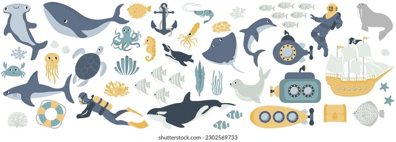 Vector ocean mega set with whale,turtle,submarine,shark,crab,octopus,diver,penguin,squid,dolphin,walrus,ship.Underwater animals.Illustration for fabric,childrens clothing,book,postcard,wrapping paper.